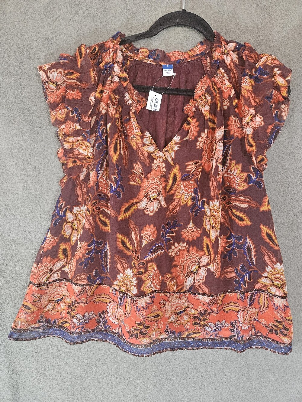 Old Navy Womens Large Vneck Shirt Burgundy Floral Chiffon Cottagecore NWT